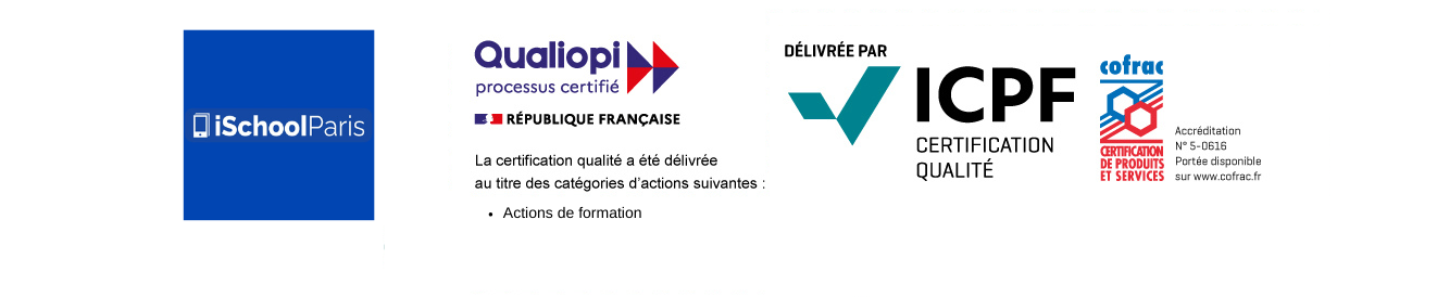 Certification Qualiopi d'iSchool Paris — processus certifié au titre des actions de formation, délivrée par ICPF Certification Qualité